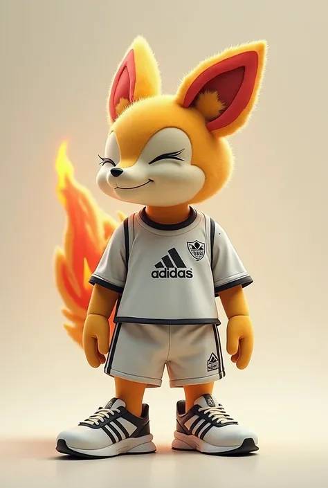 Create the Pokemon called CyndaQuil, which is a hedgehog that has fire in its back and its eyes closed, wearing realistic Adidas clothing