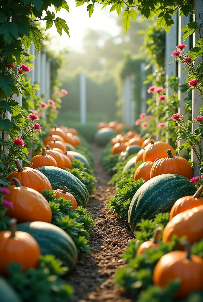 White fenced garden of melons, watermelons, pumpkins and cucumbers, surrounded with frost aster