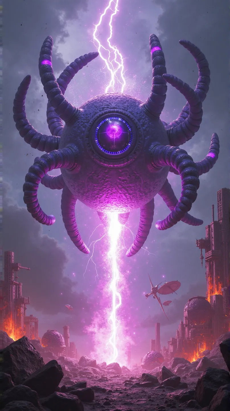 "An intense, action-packed 3D scene, showing Vel'Koz, The Eye of the Void , floating threateningly in a futuristic and destroyed environment. Your alien, biomechanical body shines with a purple and bluish light, as its tentacles move sinuously, preparing t...