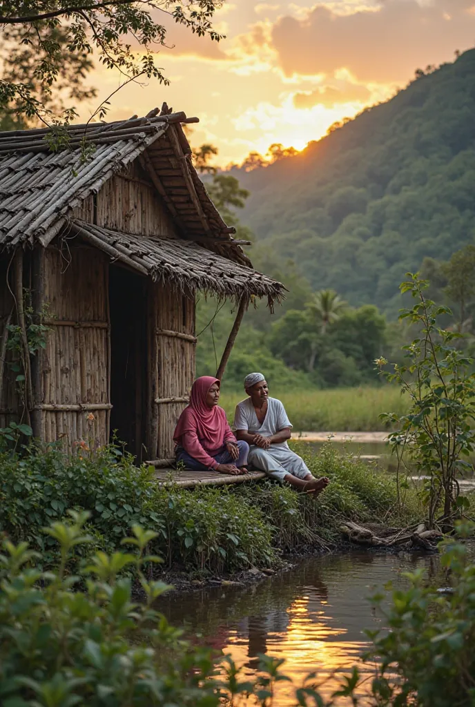  Create a picture of a 30-year-old Malay man wearing a  shabby white t-shirt ,kopiah and dhoti with his wife,a old hijab malay women are sitting pressed into a bamboo house,overgrown with weeds and bushes ,wildflowers, while chatting in front of the house,...