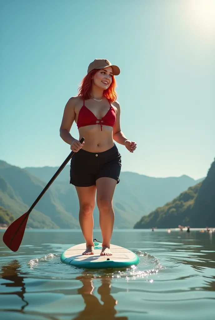 A young woman with a curvy physique, fair skin, and a round face is standing on a stand-up paddleboard, gliding across the calm waters of Lagoa da Conceição in Florianópolis. She has vibrant red-dyed hair, slightly shorter than shoulder-length, framing her...