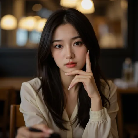 mature、cute young Japanese woman、fashionable clothes、Also take a picture of a hand holding a smartphone、is smiling、Smooth hair、The background is night、Cafe