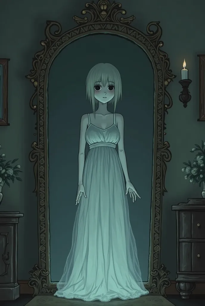 I need a cartoon image in dark font that should be creepy for this prompt,  a surreal anime style . A ghostly woman in a white dress, pale, with dark eyes and an empty smile, appearing in the reflection of an antique mirror.  The room light is dim .