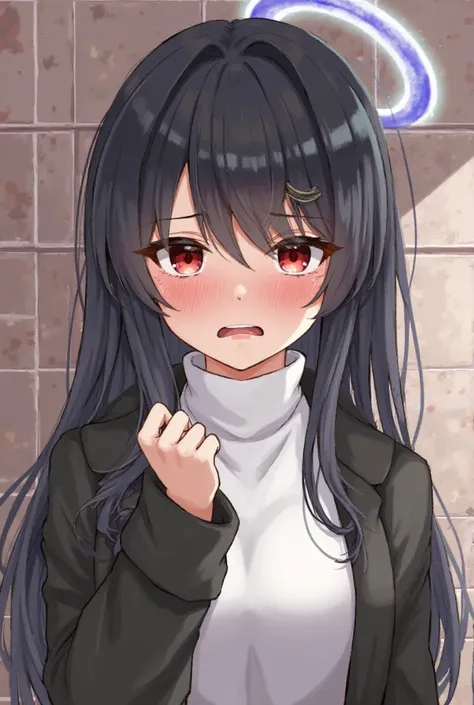 1girl,solo,(Rio \(blue archive\), black hair, red eyes, ringed eyes, white pupils, hairclip, halo, black jacket, white turtleneck sweater),large breast,ahegao,nose blush,drunken eyes,(Crying a lot:1.2),Sweaty,(orgasm face:1.4),(female orgasm:0.7),(glory wa...