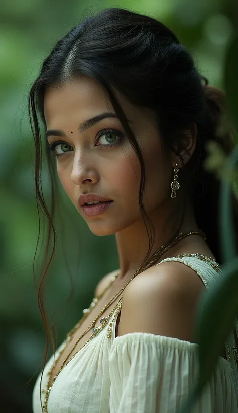 (best quality, masterpiece:1.2),  detailed, An Indian warrior , Young, green eyes, White dress, dark forest,  perfect face, Fantasy, ethereal, shining, mystic, magical,  vibrant colors, enchanting lighting