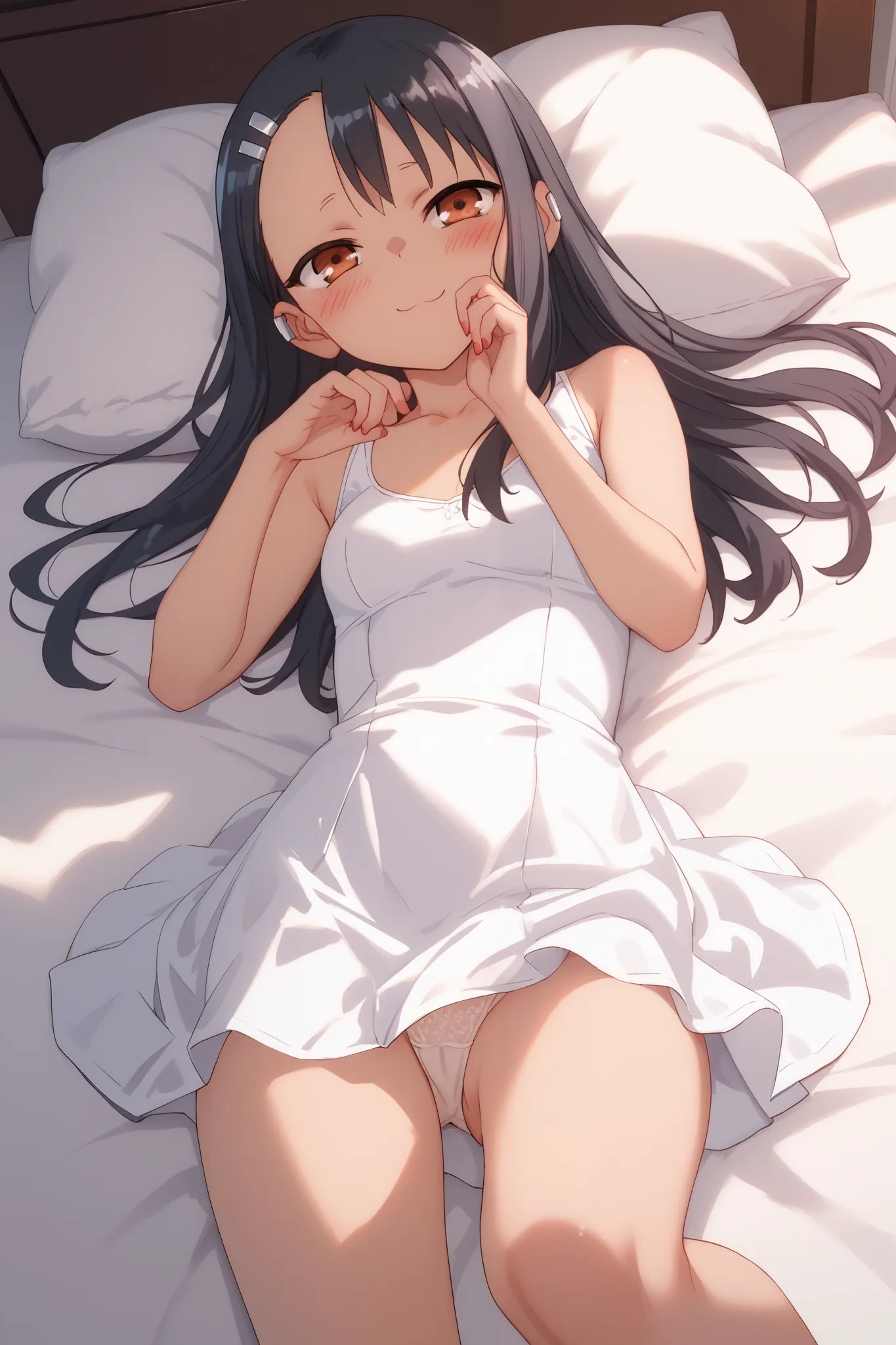 Hayase Nagatoro,lolicon ,short white dress , lying on a bed, showing her panties  