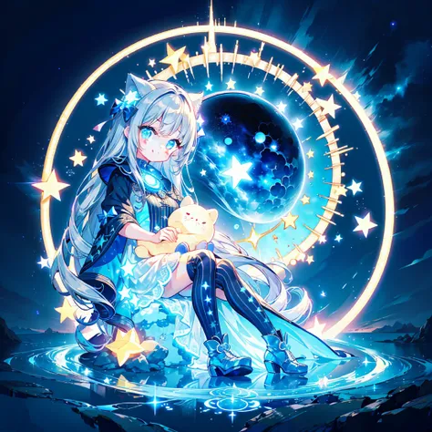 starの妖精、 full body frontal portrait 、Front 、 facing the viewer 、one girl,Highest quality、masterpiece、official art、very detailed、very beautiful、Cute starの妖精、gray hair、straight long hair、 Milky Way、universe、star charm、star、baby face、 Knee High Boots、Giant st...