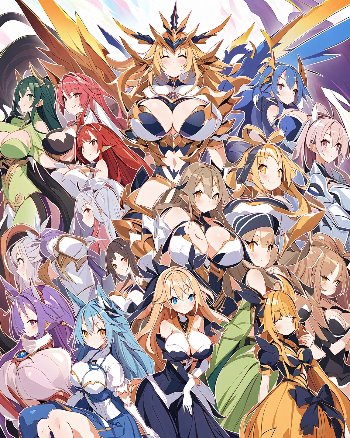 Score_9, score_8_up, score_7_up, score_6_up, source_Anime, high detailed, 3 monster girls, plus-sized, Large breasts, curvy body, paladin armor, giddy, long skirt, holding sword, posing together, smile, High detailed armor, beautiful, long hair, different ...