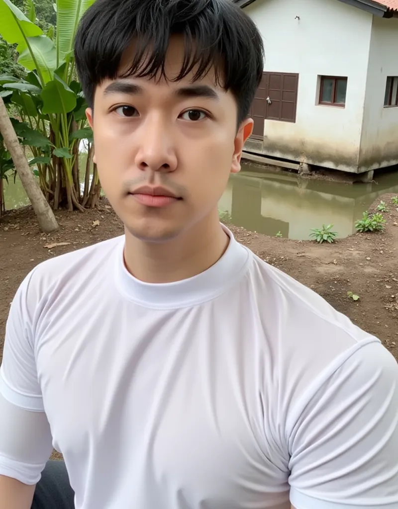 Handsome Korean guy ,  short hair , wearing a white shirt, Take a photo in the background while the rural community in the middle of the field is outside the house.. Cover the nipples