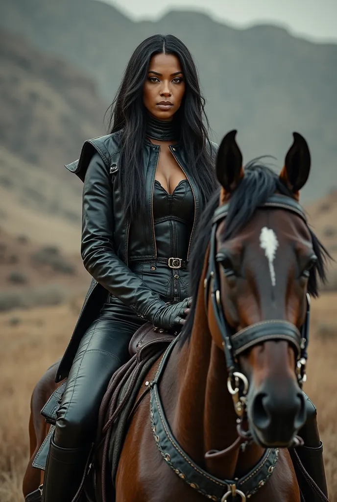 woman wearing a leather outfit sitting on a horse that is wearing leather 