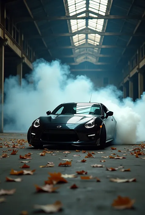 Extreme low shot of a Tokyo style Nissan drifting (raising smoke) in an old warehouse with fallen leaves on the ground, full body car, cinematic photography, shot on canon