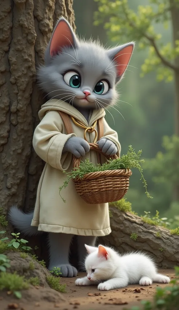 Gray Kitten (Basket Type) Meets White Kitten

Location: Forest Under Big Tree

Character: Gray human-like kitten

Apparel: Cream linen robe, waistband, herb basket slung over shoulder

Mood: Shocked and concerned

Description: Gray kitten was out collectin...