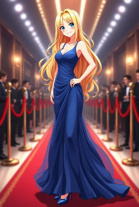 Ilustracion anime de Mina Aino hermosa mujer rubia sonriendo ojos azules cabello rubio largo abundante peinado  elegantmente, Royal blue lady's dress with pleats at the bottom, side opening on the thigh, satin straps,  elegant, formal, of the gala, blue he...