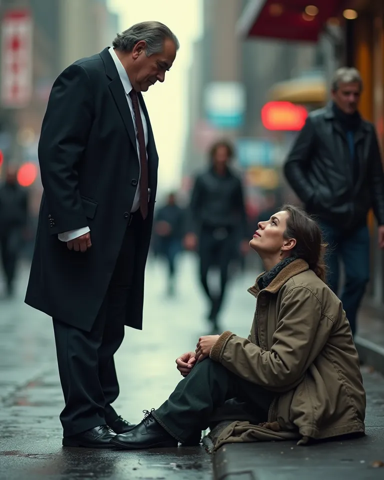 A highly dramatic and emotional YouTube thumbnail showing a wealthy millionaire in an elegant suit standing arrogantly in front of a homeless woman sitting on the ground. The millionaire looks down at her with disdain, his body language exuding power and i...