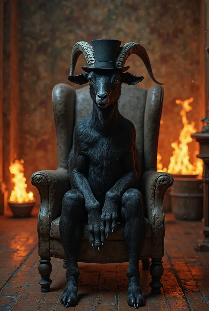 Black goat in eternal red with Cartola is a brace , sitting on a wooden chair ,at a club , With plaid floors it's fire coming out of the walls,realistic image realistic image realistic image  