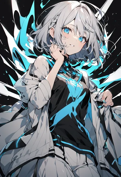 1 girl、( 1 medium short hair、 short braided hair),   bright light blue eyes ,  light gray hair and 、The tips are light blue, 、 the inside color is light ,
