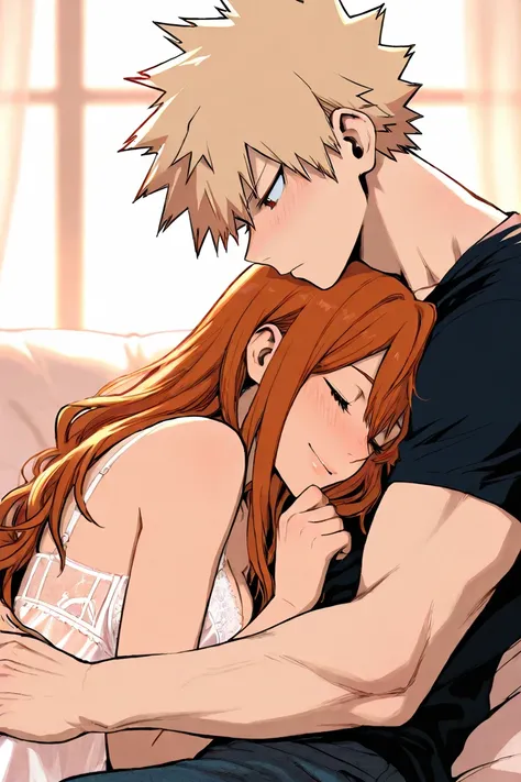 bakugo katsuki, girl with long auburn hair, couple, romantic, lingerie