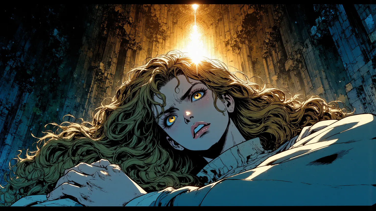  masterpiece, 8K cinematic comic style by Milo Manara, The scene shows Silmara lying on her knees, with the shadow around her being repelled by the light of the cocoon. The frame is a slanted close-up, capturing her furious expression and the disheveled ha...