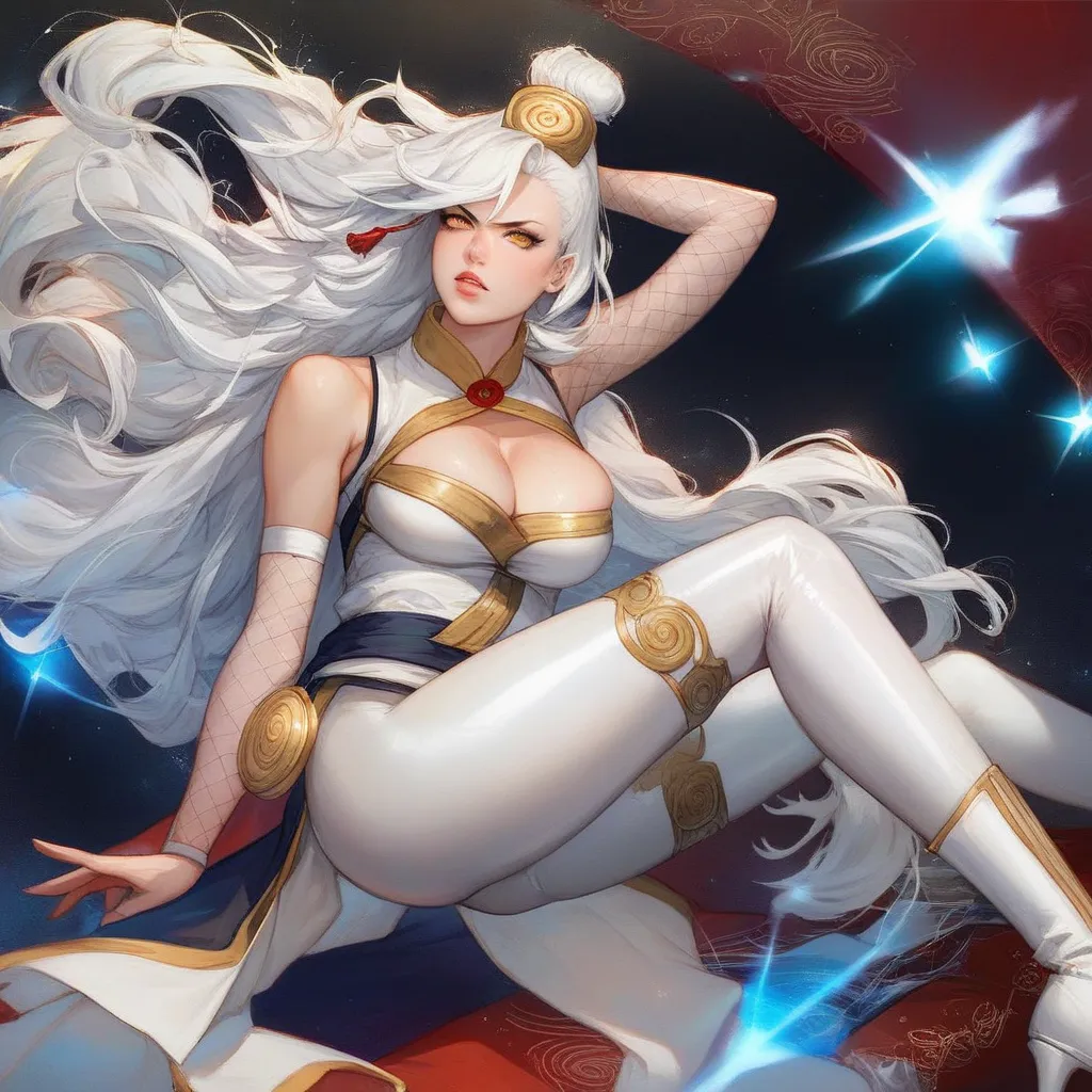 characters from Naruto Shippuden, A hot goddess, big boobs, with anger, sparkling gold eyes and a perfect black eyeliner, long white hair, She wears an adult white ballet tights, white high-heeled boot, é uma coroa 👑 branca metálica. screenshot, Anime styl...