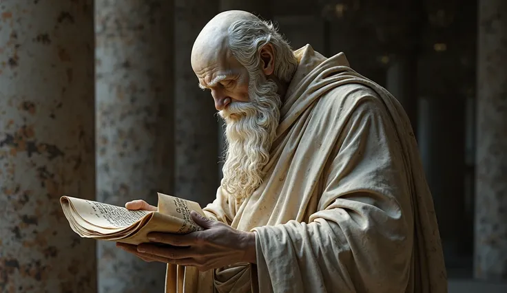 "A bearded Stoic philosopher statue, deep in thought, holding an open scroll with ancient writings, marble texture, realistic lighting."