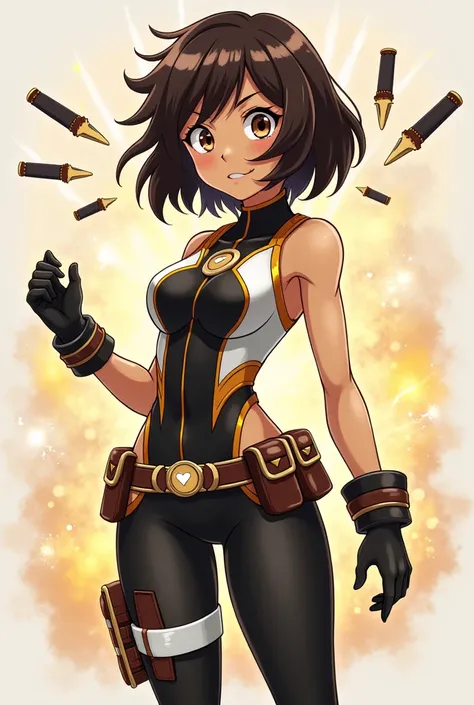 A young heroine with the drawing style of the anime 'Boku no Hero Academia', with dark brown hair up to her shoulders, expressive brown eyes and brown skin. She wears a tight and flexible heroine costume in black, white and gold. She wears a short sleevele...