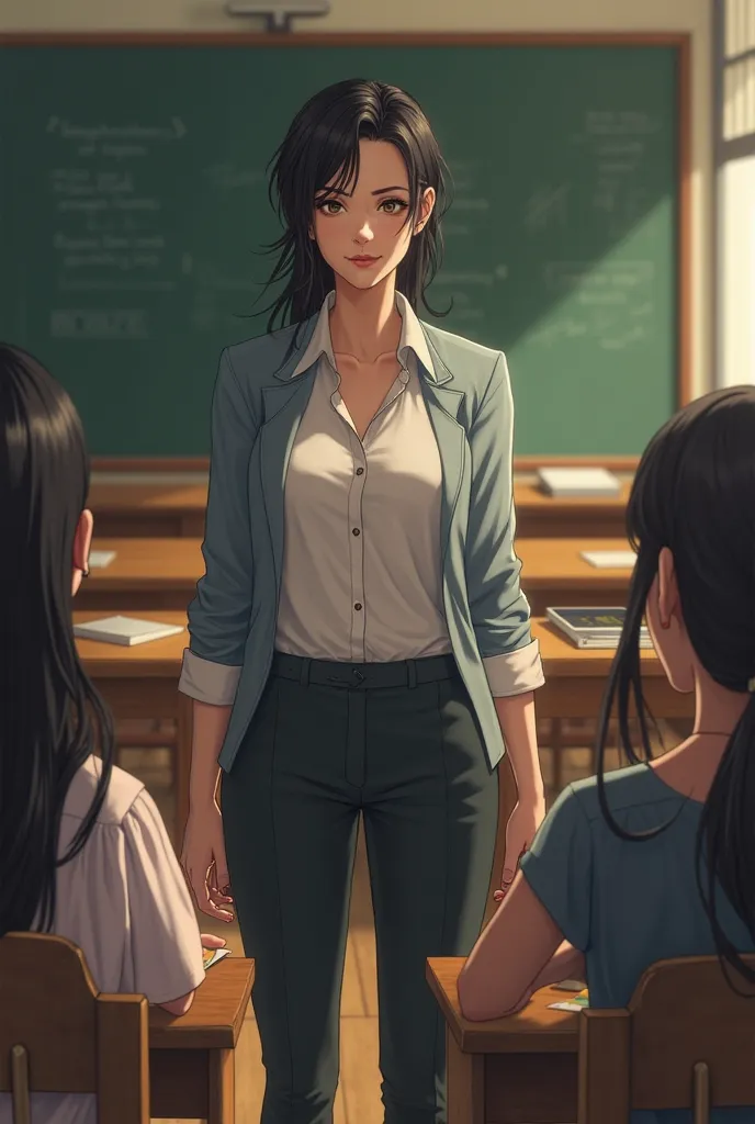 A teacher who is tall with little muscular black hair the woman is short black and long hair 