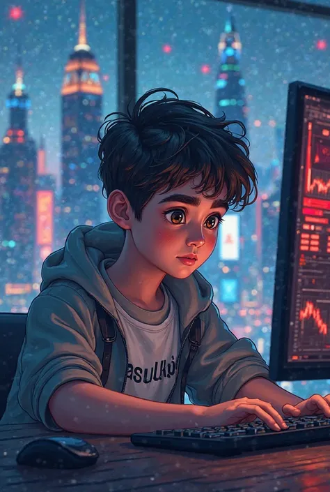 a boy analyzing the stock market on a computer and a beautiful city behind him, the boy is wearing clothes with the inscription Rasulbek_BR