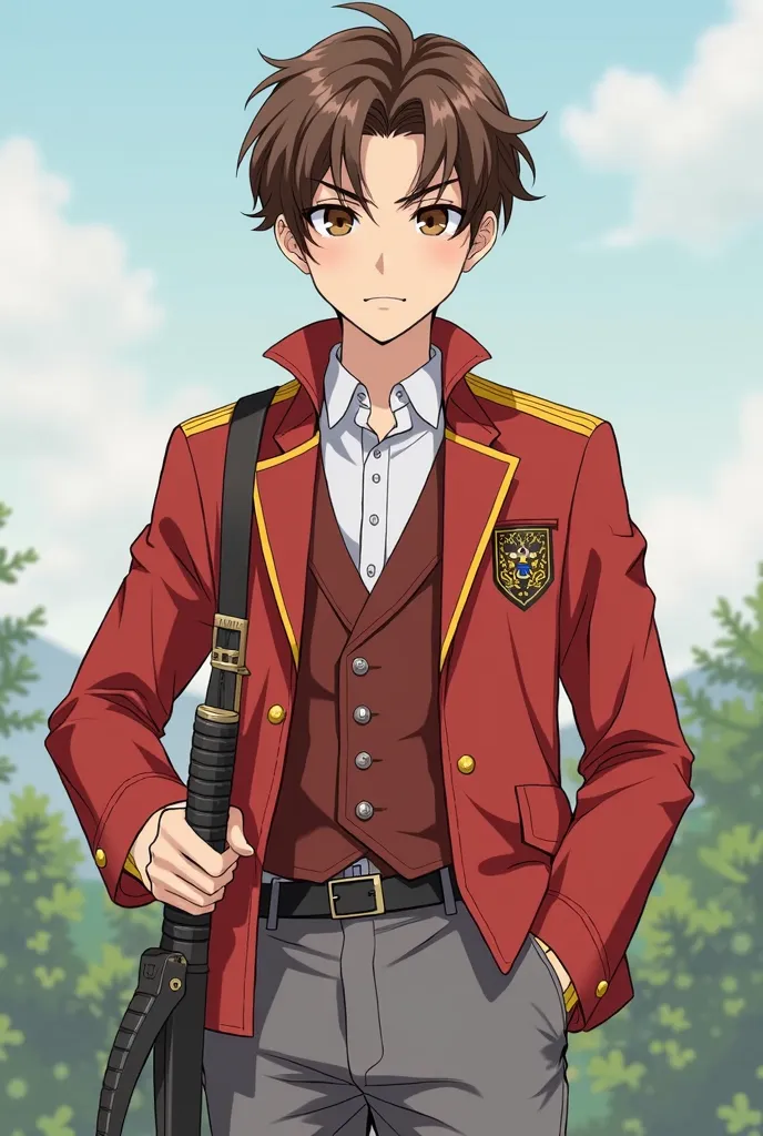 Un joven de 16 años en Anime Style, with hair slightly messy brown that falls on your forehead. He has hazel eyes with an intense and determined look. His skin is fair and his athletic body has a defined musculature., reflecting discipline and strength.  m...