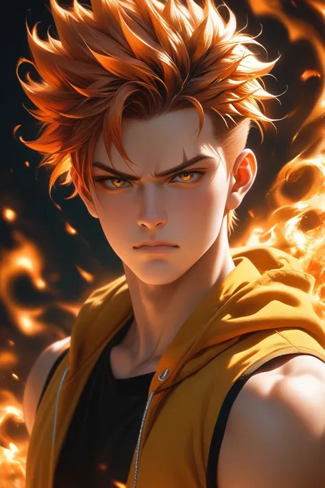 one character, young male, 24 years old, red hair, spiky hair, fiery hair, golden brown eyes, diagonal car on left cheek, sleeveless hoodie, ultra, anime, handsome, grumpy