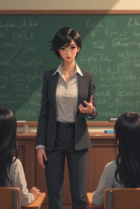 A teacher who is tall with little muscular black hair the woman is short black and long hair 