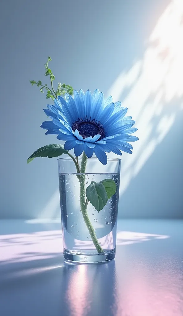 small  blue sun flower with leaves in a transperent water glass,indoor,empty room,soft light,pink background,super detailed art