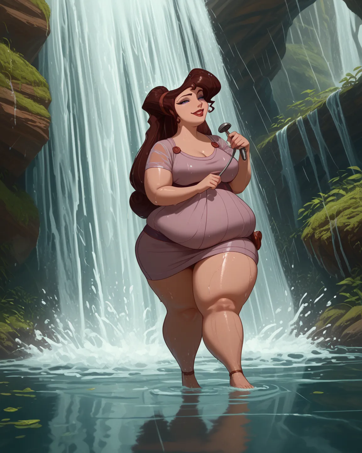 PonyXLV6_Lots ,  source  _animated, Masterpiece,t-shirt, highly detailed, full body view,BREAK Megara(big fat body), 1 girl,  porcelain doll , Alone , brown hair, purple eyes,  naughty face, beautiful little feet,  loose hair, (Megara showering under a wat...