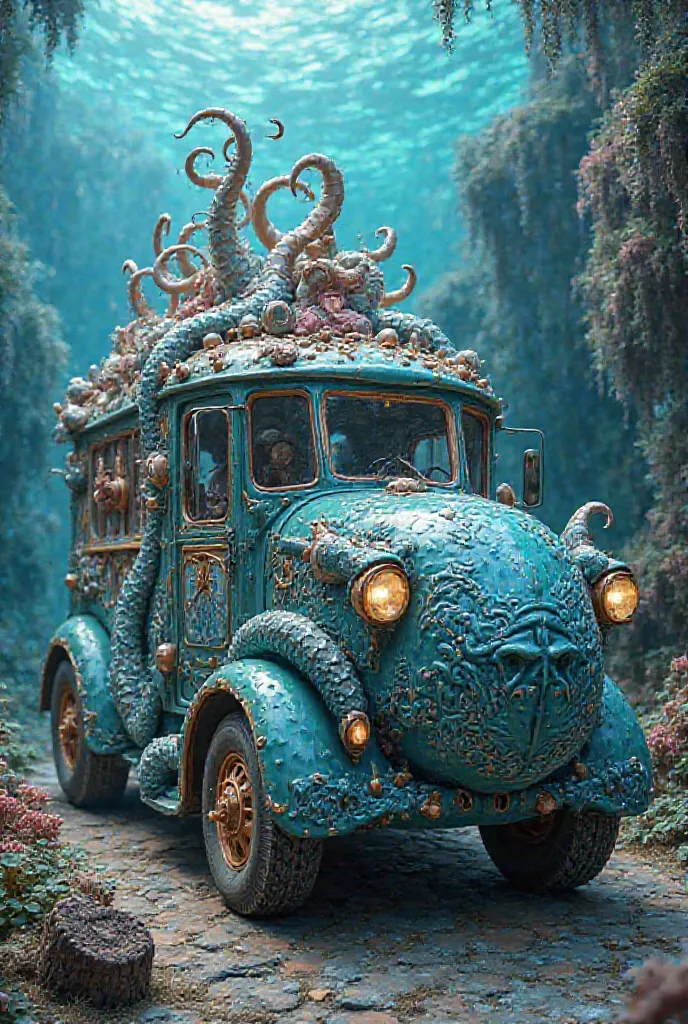 Carnival car with the theme of sea creatures, the Kraken, mermaids and so on.