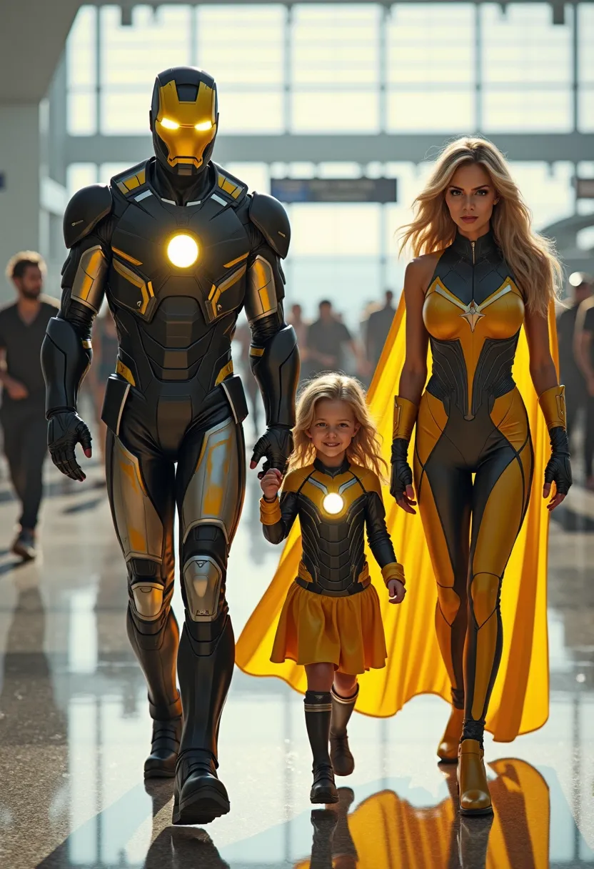 A man wearing an ironman costume and mask of light yellow color combination of black and a beautiful daughter, , wearing a light yellow ironman costume, a beautiful woman, blonde hair , wearing a captain marvels sexi costume light yellow black combination,...