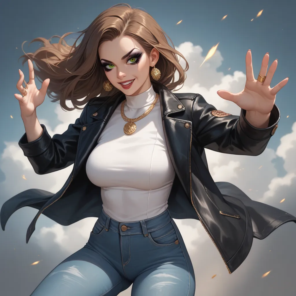 A 20 year old woman, with long, straight brown hair, jewelry with intense green eyes and dark, sharp makeup. . Her black leather jacket,  tight to the body , together with tight jeans and gold, reinforces her air of power. It's not just attractive, It is d...