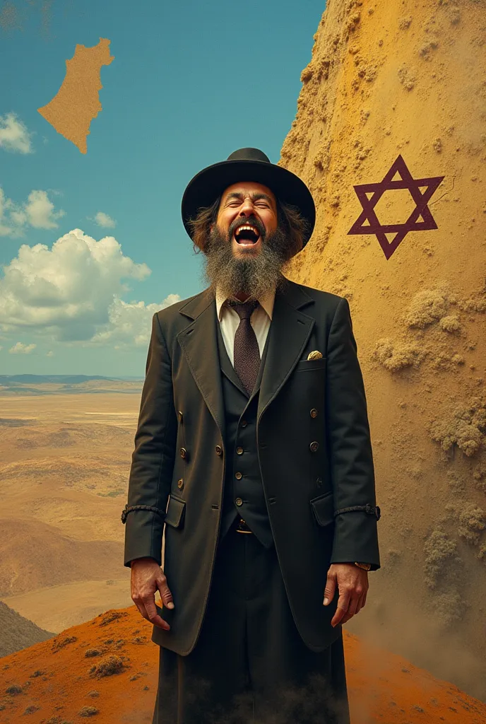 Orthodox hasidic Jew with peyot laughing a lot while colouring half of Europe with brown paint while having map of Israel with star of David behind him.