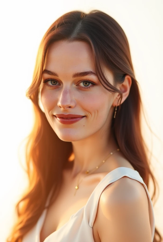 Woman with long straight chocolate hair, very bright white background,  smiling 