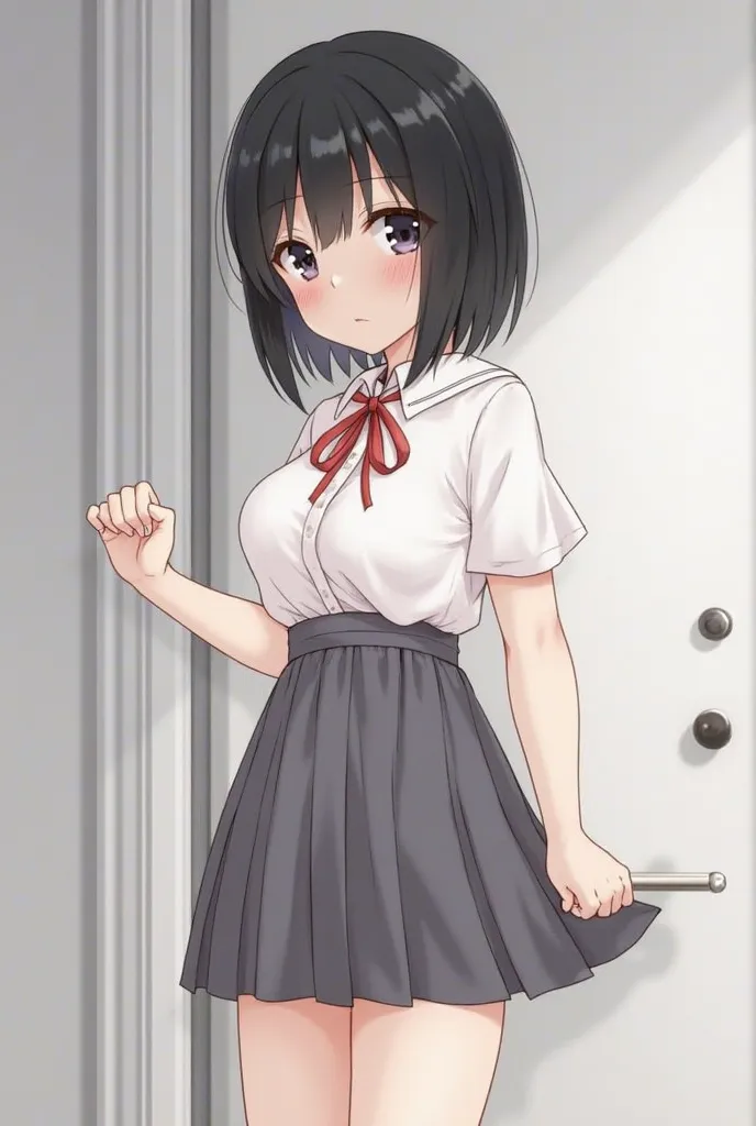 score_9, score_8_ up , score_7， anime， alone , short， young woman， black hair short ， black eyes, blushing ， estimated ， ， :1.3， plump, normal breasts , black necklace ， Red Ribbon, front view, complex background, white room, thighs，wide hips, hime gal out...