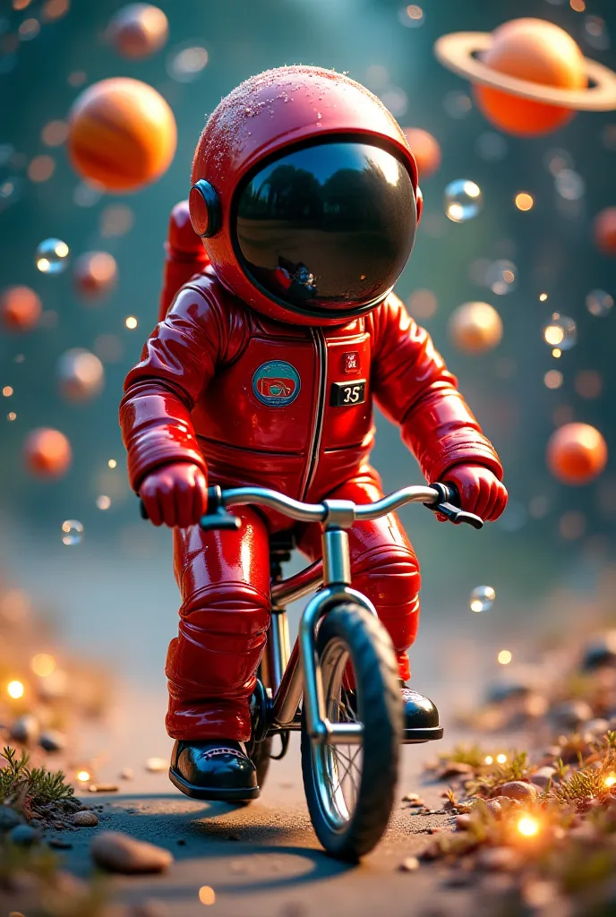  One of a small metallic red astronaut suit ,   monta una bicicleta ,  carrying a large number of globes in the form of planets Jupiter Earth Saturn with rings glowing while blowing bubbles, The number"35"  comes out creating a magical and festive scene .