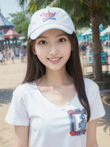 woman, having fun at amusement park, white printed T-shirt, slim jeans, sandals, white cap, merry-go-round, from front, ((masterpiece)), ((best quality)), (ultra-detailed), ((beautiful eyes)), Japanese female, (slender:1.3), ((30 years old)), beautiful, (f...