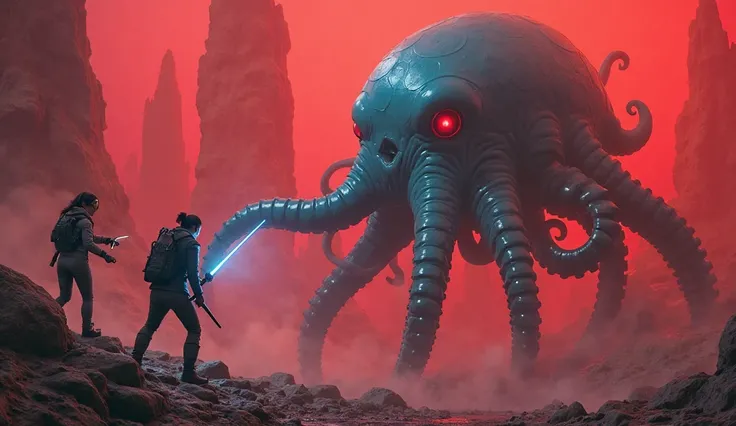 A massive soft-bodied creature (33 ft long, octopus-like with many tiny legs, glowing blue) grabs a tense man (5'11", messy black hair, scarred hands, gray suit) with a tentacle (6 ft long). A curious woman (5'5", tied black hair, goggles on head, gray sui...