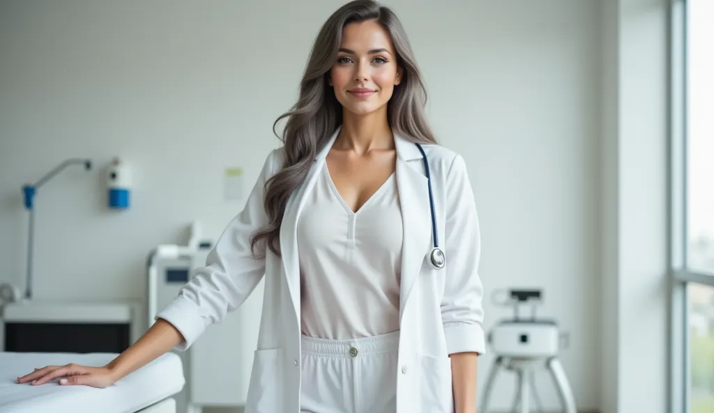 In a modern hospital with a minimalist design and professional lighting, an American woman in her 40s stands confidently in a sleek medical setting. She wears a premium medical uniform tailored to highlight her elegant figure. Her white blouse features ref...