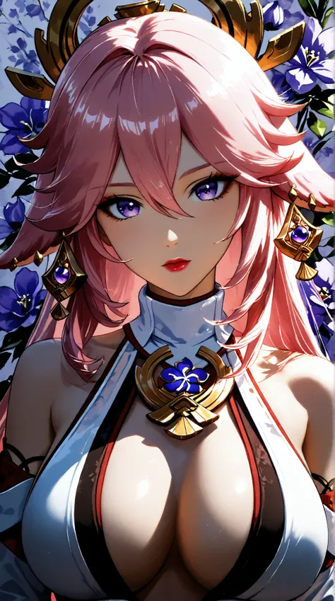 (​master piece),(top-quality:1.2),(8k anime), Yae Miko from Genshin Impact,beautiful detailed purple eyes,(Beautiful silky pink hair:1.2),  hair ornamen, white dress with purple flowers, Detailed skin, undeservedly beautiful,((ink painting floral backgroun...