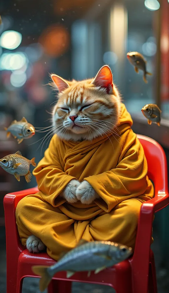 A fat cat sits in a meditative pose on a red plastic chair, wearing a loose yellow robe like a monk. Its eyes are closed with a peaceful expression, legs crossed, and hands resting on its lap. Dramatic cinematic lighting shines from the side, casting soft ...