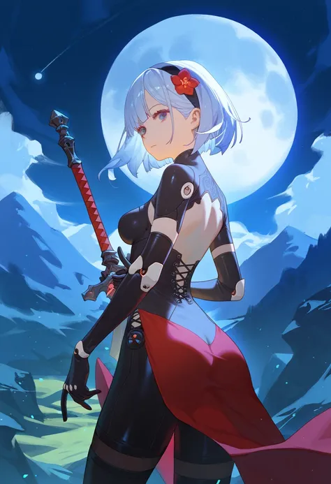 masterpiece, best quality, absurd, highres, newest, 1 girl, solo, night, moon, 2B (nier:automata), trying to touch the sky, back to the viewer, looking at the moon, showing her back, light, on a mountain, right hand up, left hand down with her weapon, sinc...