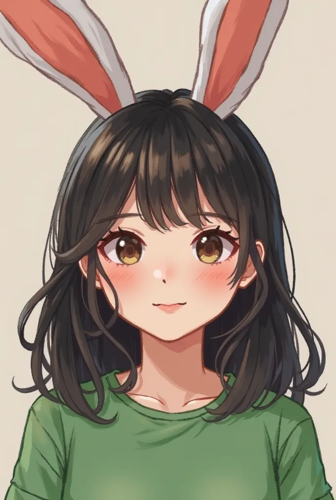 there is a girl with bunny ears and a green shirt, a picture inspired by Ma Yuanyu, tumblr, shin hanga, with big rabbit ears, wan adorable korean face, ruan cute vtuber, young adorable korean face, ulzzang, jaeyeon nam, with bunny ears, chiho, she is about...