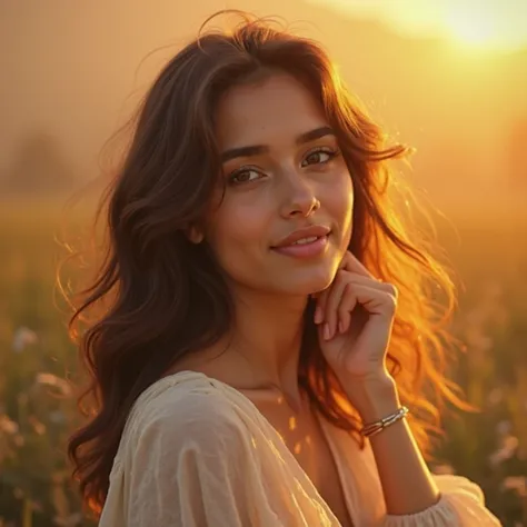 The image shows a young Latina bathed in a soft, golden light, evoking the welcoming feeling of a dawn. Your face shines delicately under the warm lighting, , highlighting her serene gaze and a light smile that transmits tranquility and hope. Your eyes ref...