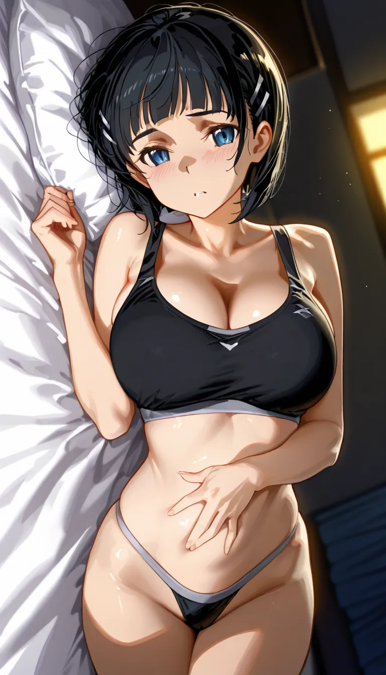 masterpiece, best quality, 4k, 8k, highres, ultra-detailed, HDR, UHD, sharp focus, extreme detail description, anime style,Source anime, 1girs,suguha, sword art online, large breast, beautifull Stomach, athletic body, sport bra, high thong,bed, lying on si...