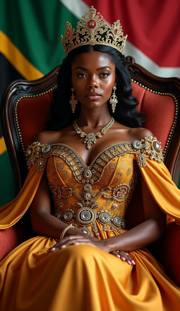 Young and beautiful Duke of Africa。Beautiful African woman。whole body。Sit on a throne、Wearing the crown、Wearing a details royal princess dress, jewel, Nacklace, South Africa flag in the background