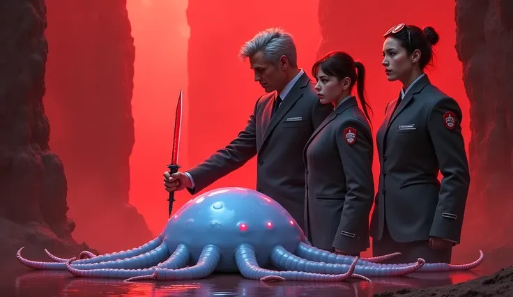 A calm man (6'1", short silver hair, deep-set eyes, gray suit) holds a small glowing red dagger (1 ft long), cutting a soft-bodied creature (6 ft long, octopus-like with tiny wriggling legs, glowing blue). A stern-faced woman (5'7", short brown hair, gray ...